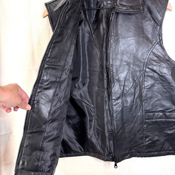 LEATHER WORKS Patchwork‎ Vest Unisex XXXL Motorcycle Riding Black Biker Moto Zip - Picture 7 of 11